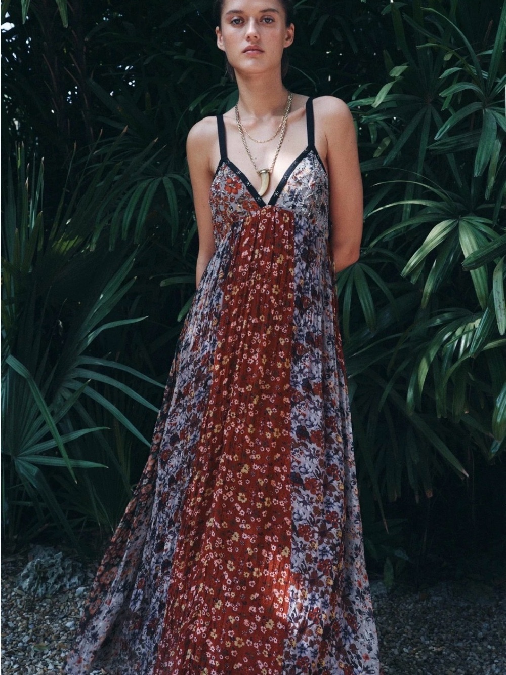 Zara Dress - NWT. Rust Red and Black-Trim and Blue Floral Panels Maxi Dress- L